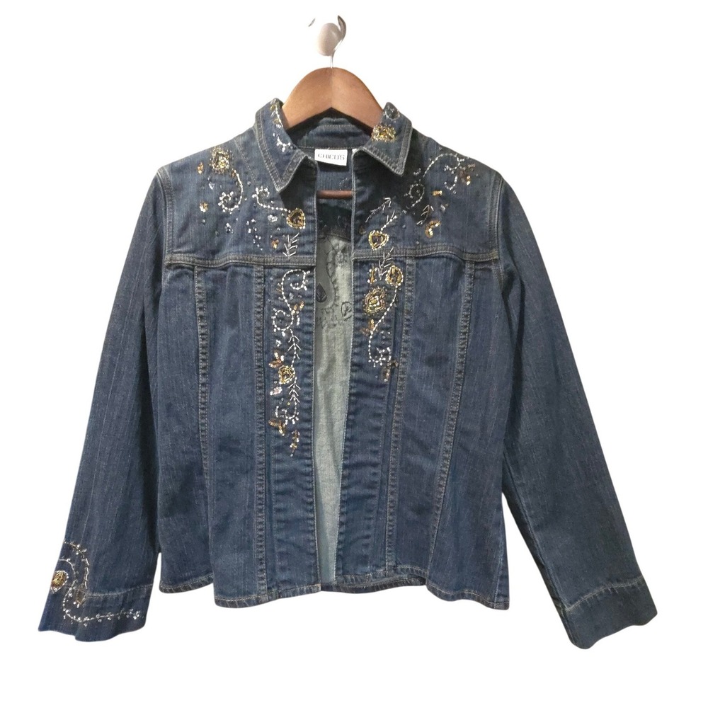 Chico's Women's Blue Denim Beaded Sequin Embroidered Jacket Dark Wash Size 0 S - Picture 1 of 8